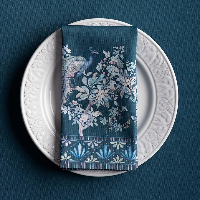 Maison d' Hermine Napkin 100% Combed Cotton Premium 20"x20" Decorative Washable Table Cloth Napkins Set of 4 for Dining, Holidays, Buffet & Wedding Use Campagne - Peacock Utopia - Deep Sea