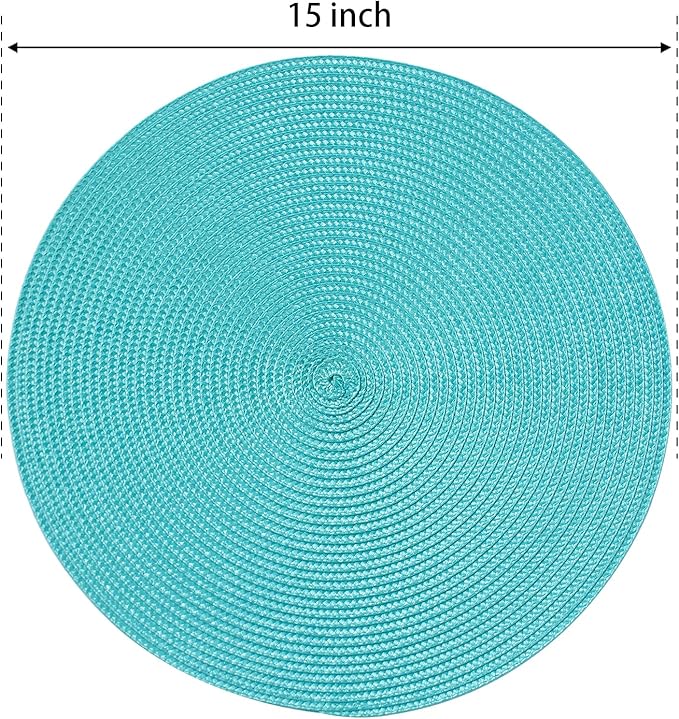 FunWheat Round Braided Placemats Set of 8 Place Mats for Dining Table Woven Washable Non-Slip Table Mats 15 Inch(Turquoise,8pcs)