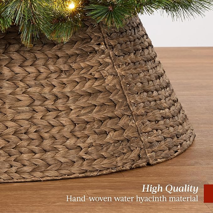 Best Choice Products 24in Christmas Tree Collar, Woven Hyacinth 3-Piece Holiday Rattan Tree Skirt Accessory for Home w/Cord Cut-Out - Chestnut