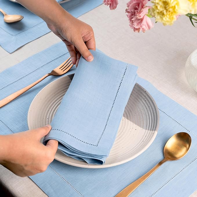 D'Moksha Homes Powder Blue Linen Napkins Set of 4 - Classic Hemstitch 100% Pure Linen Dinner Napkins Cloth 20 x 20 Inch for Winter, Christmas, Holiday, New Year - Handcrafted and Machine Washable