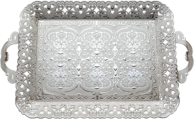 Turkish Vintage Style Entertaining Tray - |15.4” x 10.2”Multi-Purpose, Non-Tarnishing, Zamak Alloy, Decorative Ottoman Style - Rectangular Serving Tray for Coffee & Beverages (Silver)