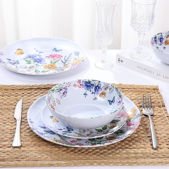 12 Piece Melamine Dinnerware Sets - Plates And Bowls Sets Floral Dinnerware Sets- Spring Camping Dishs Indoor Outdoor Use,Flowers And Butterflies Pattern