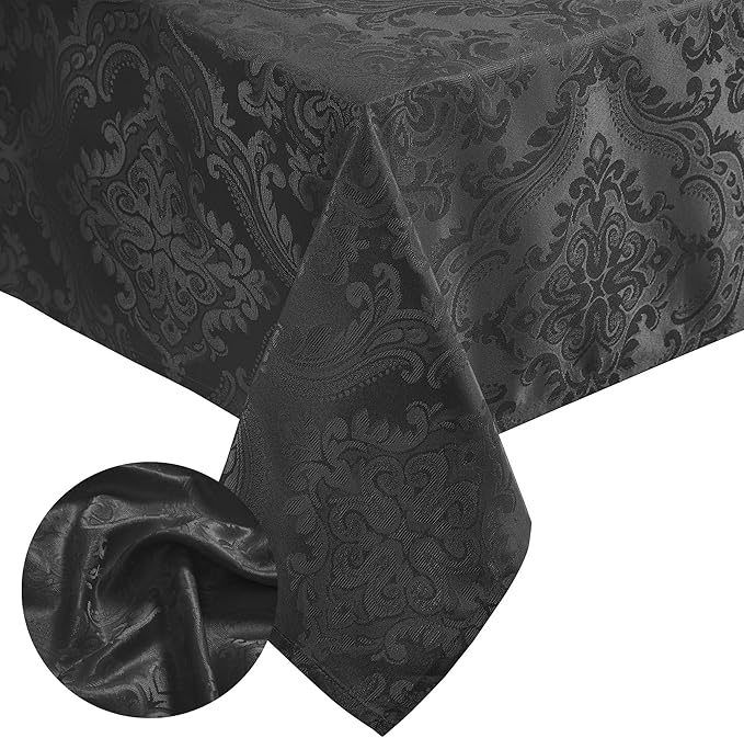 Elrene Home Fashions Caiden Elegance Damask Waterproof, Stain & Wrinkle Resistant Fabric Tablecloth, 60" x 144" Oblong/Rectangle, Black