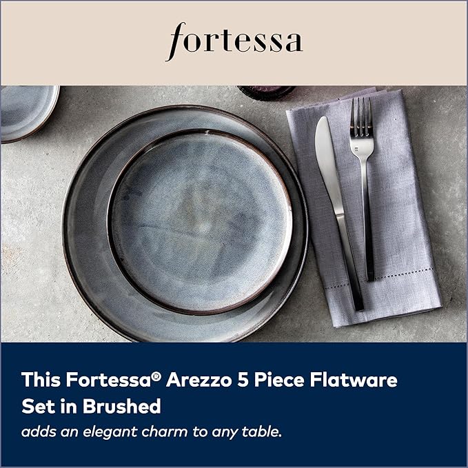 FORTESSA Arezzo 18/10 Stainless Steel Flatware, 5 Piece Place Setting With Knife, Forks and Spoons (Service For 1), Dishwasher Safe, Brushed Silver