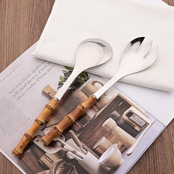 Natural Bamboo Handle Serving Utensils, Serving Spoon and Fork Set, Salad Servers Include 2 Large Serving Spoons and 1 Serving Fork, Stainless Steel Cutlery Set for Home/Party/Buffet, Silver