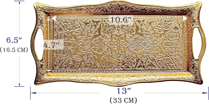 Metal Serving Tray with Raised Edges, Vintage Design Tray, Rectangular Metal Serving Tray, Decorative Serving Platter, Turkish Ottoman Coffee Tea Beverage Serving Square Tray (Gold)