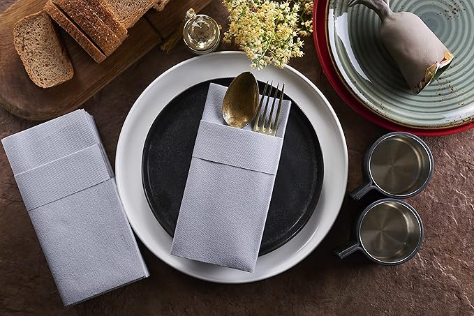 Silver Dinner Napkins Cloth Like with Built-in Flatware Pocket, Linen-Feel Absorbent Disposable Paper Hand Napkins for Kitchen, Bathroom, Parties, Weddings, Dinners or Events, Pack of 50