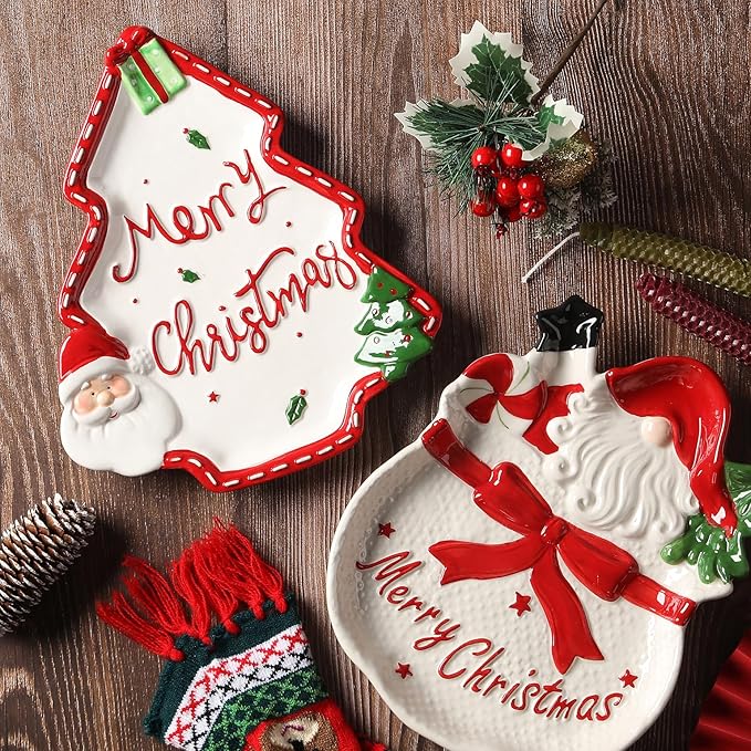 10.3 Inches Snacks Appetizer Trays Set, Christmas Tree Dessert Serving Dishes, Snack Platter, Food Cereal Salad Bowl, Santa Claus High Relief Bowl Ceramic Plate