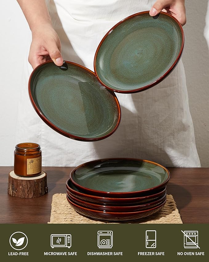 Stoneware Dessert Pates 8 Inch, Microwave Safe Plates, Reactive Glaze Small Dinner Plate, Scratch Resistant and Dishwasher Safe, Brown Green
