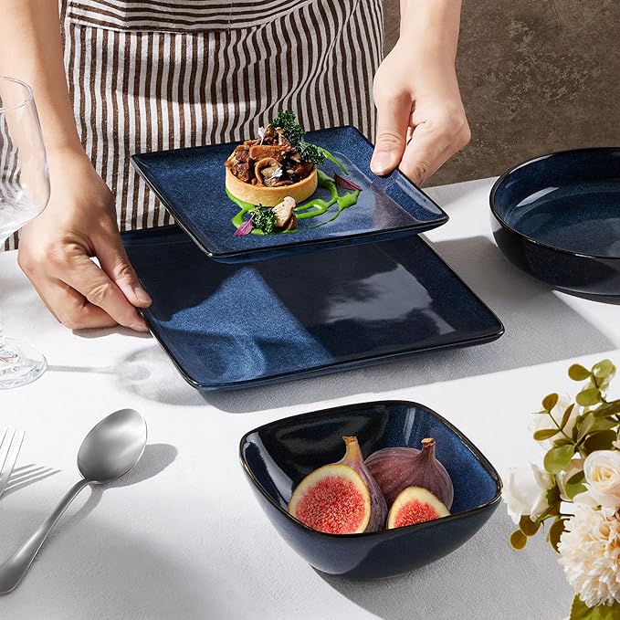 E-far Square plates and bowls Sets for 6, 18-Piece Reactive Glaze Stoneware Dinnerware Sets, Porcelain Dishware Sets for Kitchen Home, Microwave & Dishwasher Safe, Deep Sea Blue