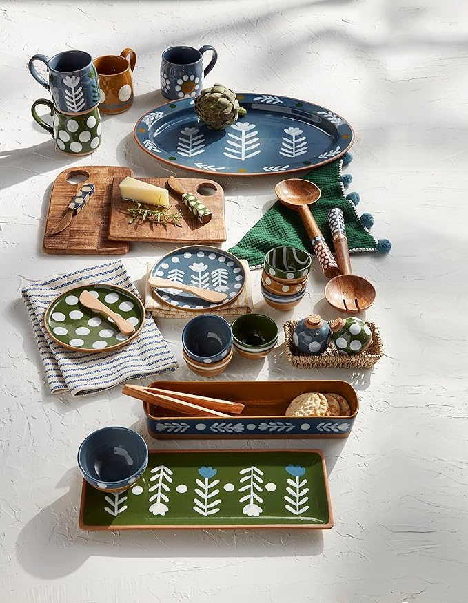 Mud Pie Dotted App Set, plate 6 1/2" dia, spreader 5 1/2", towel 21" x 14", Green