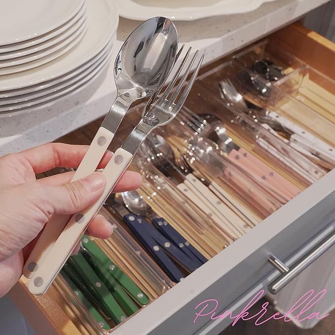 6-Piece Stainless Steel Flatware Silverware Cutlery Set - Color Handle with Rivet/Retro Style - Includes Dinner Knife; Dinner Fork; Salad Fork; Soup Spoon; Teaspoon; Spreader (IVORY)