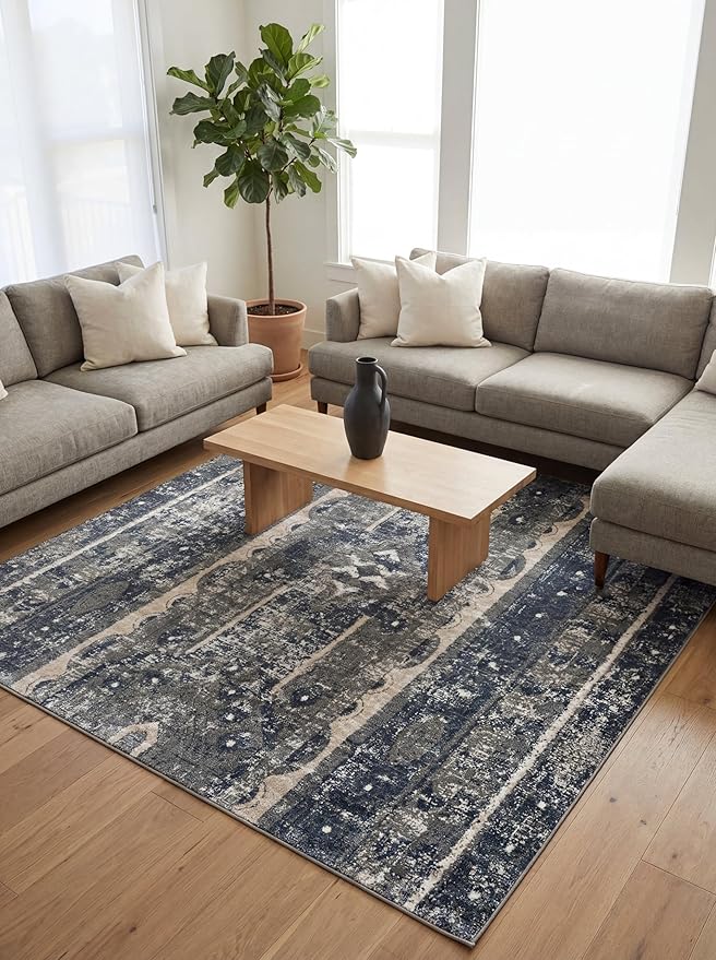 Rugs.com Oregon Collection Rug – 6 Ft Square Blue Low-Pile Rug Perfect for Living Rooms, Kitchens, Entryways