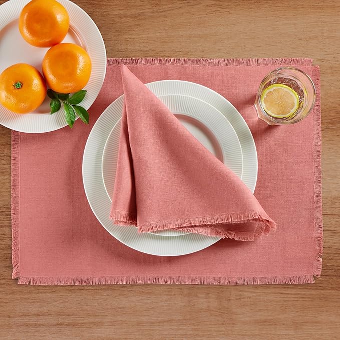 Solino Home Dusty Rose Linen Napkins Set of 4-100% Pure Linen Fringe Dinner Napkins 20 x 20 Inch