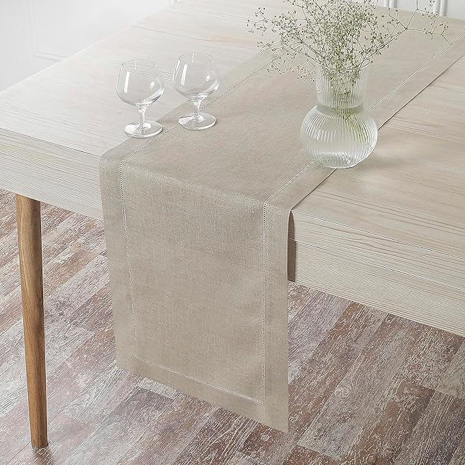 D'Moksha Homes Linen Natural Table Runner 132 Inches Long - 100% Pure Linen Extra Long Table Runner 14 x 132 Inch for Winter, Christmas, Holiday, New Year - Classic Hemstitch