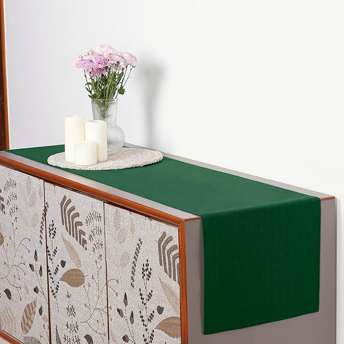 D'Moksha Homes Linen Forest Green Table Runner 132 Inches Long - 100% Pure Linen Extra Long Table Runner 14 x 132 Inch for Winter, Christmas, Holiday, New Year - Machine Washable