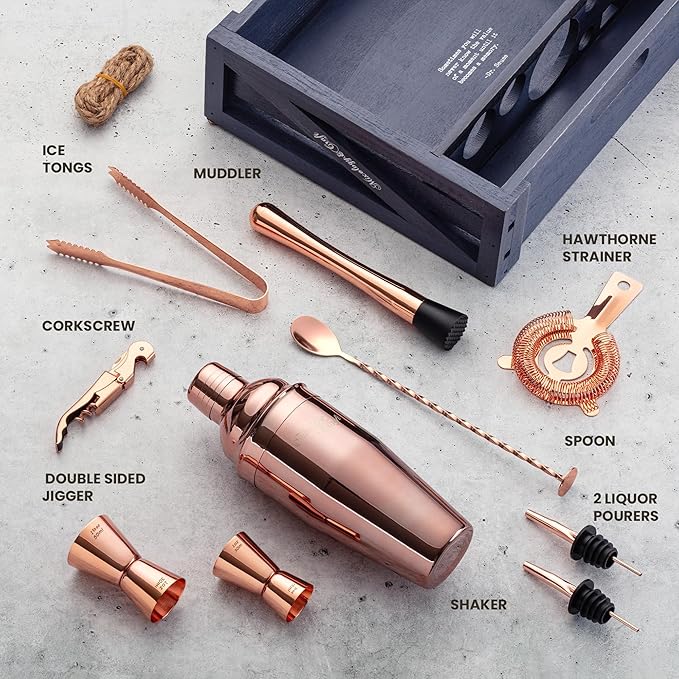 Mixology & Craft 11-Piece Cocktail Shaker Set with Wood Stand | Complete Cocktail Kit Gift Set | Top Bartender Gifts for Men & Women | Leak-Proof Tools (Copper)