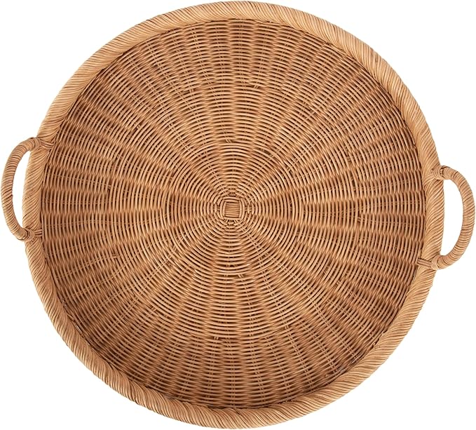 Kate and Laurel Cormont Modern Round Woven Rattan Tray with Handles; 23 Inch Diameter; Natural Rattan; Decorative Circle Boho Tray for Use as Versatile Ottoman Tray or Serving Platter