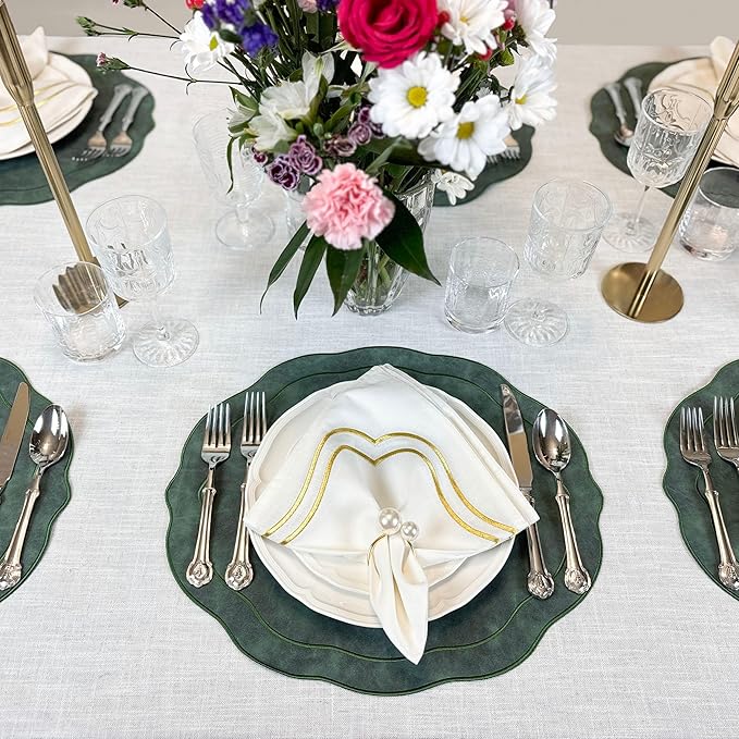 Embroidered Scalloped Faux Leather Placemats Set of 4 - Wipeable Luxury Dinner Table Mats for Dining & Kitchen Decor, Christmas, 17.25" x 15", Green