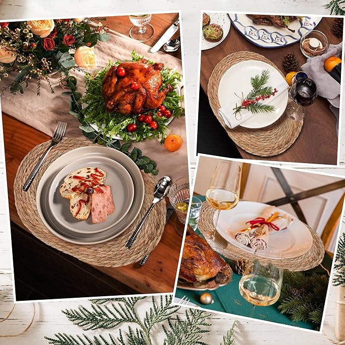 Defined Decoe Set of 6 Woven Rattan Placemats,16x12 Inch Oval Braided Charger Plates, Farmhouse & Boho Vintage Style for Christmas Dining, Kitchen, and Party Decor