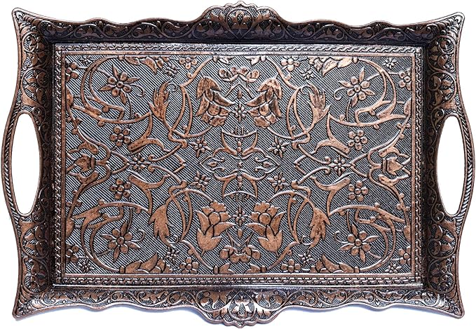 Alisveristime Ottoman Turkish Zamak Serving Tray with Traditional Motifs, Ideal for Coffee and Tea - Six Person Tray (14.5 x 9.85 in) (Copper)