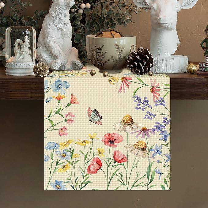 Retro Butterfly Flowers Table Runner Seasonal Spring Kitchen Dining Linen Table Decoration for Indoor Outdoor Home Party Decor 13 x 72 Inch