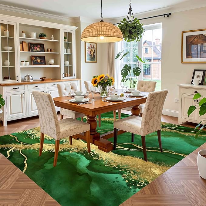 Emerald Green Gold Natural Liquid Aesthetic Area Rug 6x9 for Living Room Bedroom Dining Room Modern Abstract Marble Texture Indoor Rugs Nursery Dorm Farmhouse Soft Non Shedding Washable Lux Carpet
