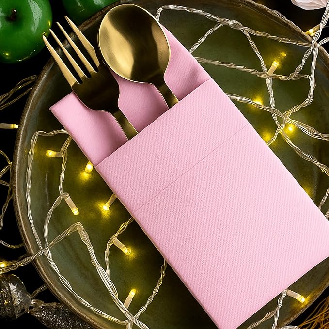 Baby Pink Dinner Napkins Cloth Like with Built-in Flatware Pocket, Linen-Feel Absorbent Disposable Paper Hand Napkins for Kitchen, Bathroom, Parties, Weddings, Dinners or Events, Pack of 50