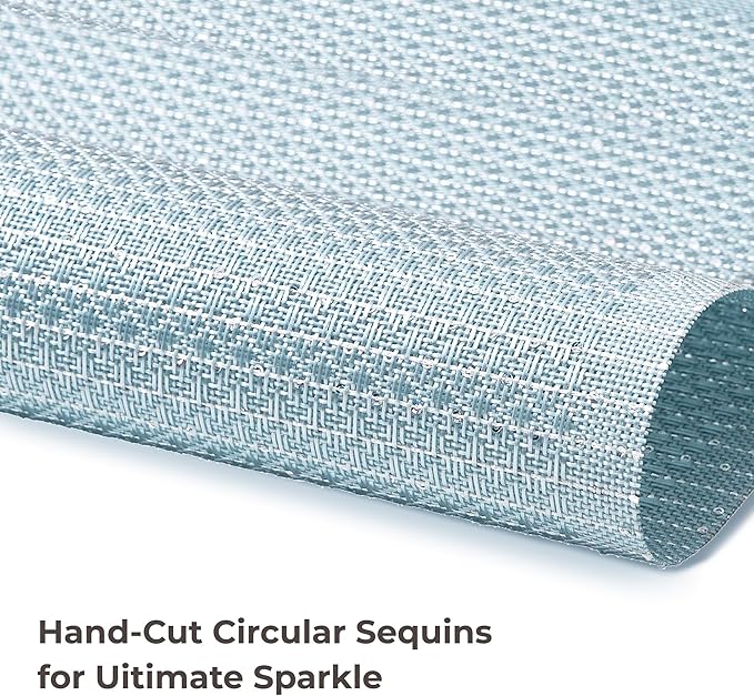 Leetaltree Sparkling Mist Blue Sequin Woven Vinyl Placemats, Set of 12 - Waterproof & Washable Dining Table Mats for Wedding, Anniversary, Daily Use, Hand-Cut