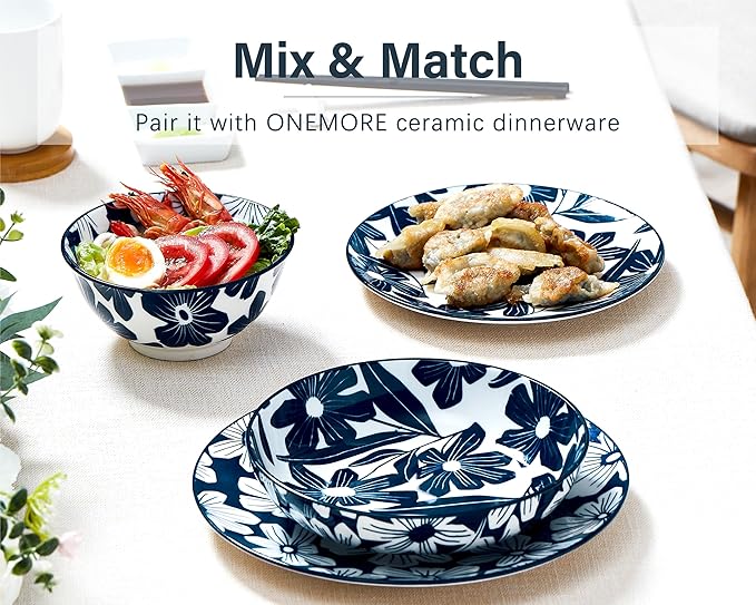 ONEMORE Dinner Plates Set of 4, 8.5 Inch Ceramic Blue and White Salad Dessert Appetizers Plates, Microwave & Dishwasher Safe Scratch Resistant, Small Serving Dish Platters