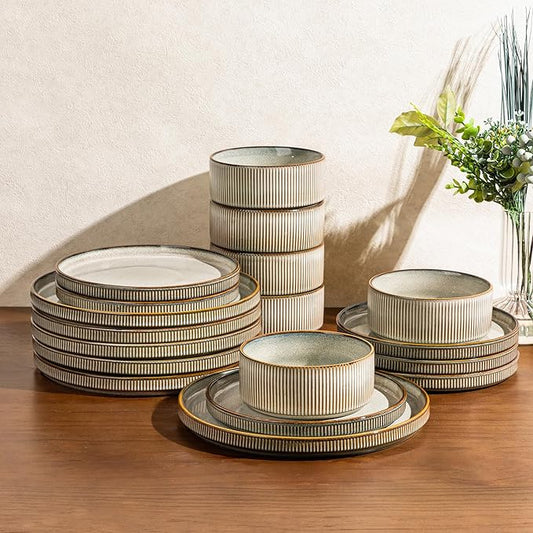 GBHOME 18-Piece Stoneware Dinnerware Set for 6 – Ribbed Ceramic Plates and Bowls, Scratch-Resistant, Microwave & Dishwasher Safe, Reactive Glaze, Mist Green
