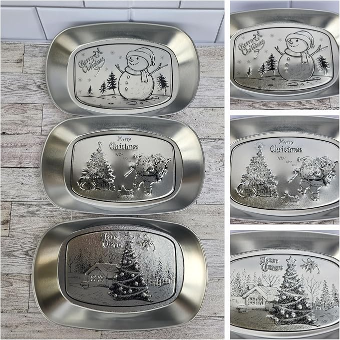 Silver Metal Oval Decorative Tray Set of 3, Essentials, Christmas & Holiday Decor, Embossed Vanity Serving Trays for Entertaining and Gifting