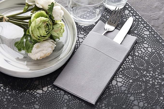 Gray Dinner Napkins Cloth Like with Built-in Flatware Pocket, Linen-Feel Absorbent Disposable Paper Hand Napkins for Kitchen, Bathroom, Parties, Weddings, Dinners or Events, 16x16 inches, Pack of 50