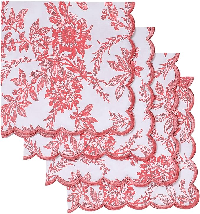Ridhi Hand Block Print Peach Coral 18" x 18" (Set of 4) Embriodery Table Napkins Reusable Cotton Dinner Napkins for Weddings, Parties, Everyday Dining Gift for Spring, Easter, Valentine