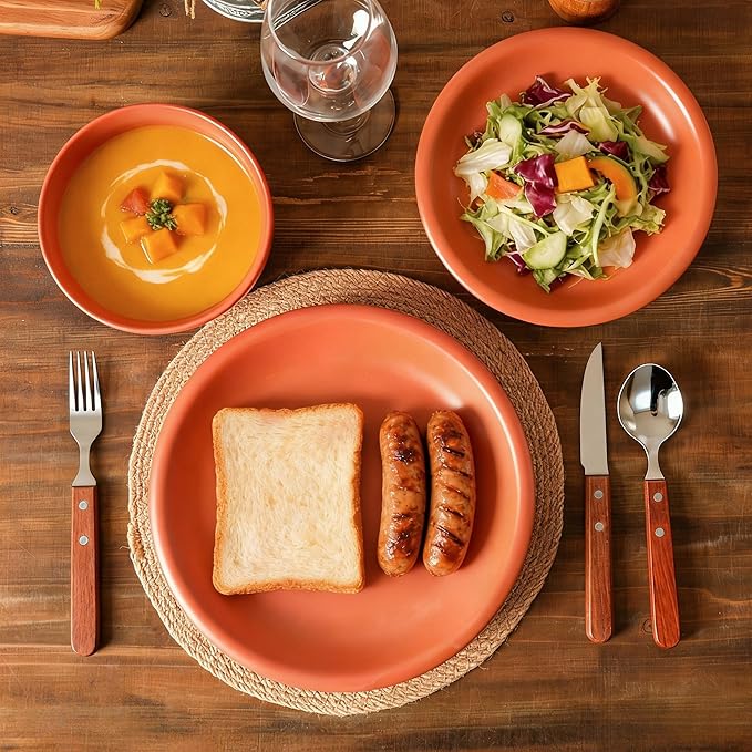 Ceramic Dinner Plates, 10.25 Inch Flat Dish Set for 4, Perfect for Family and Entertaining, Microwave & Dishwasher Safe, Dinner Dishes for Steak, Pizza, Pasta, Terracotta Red