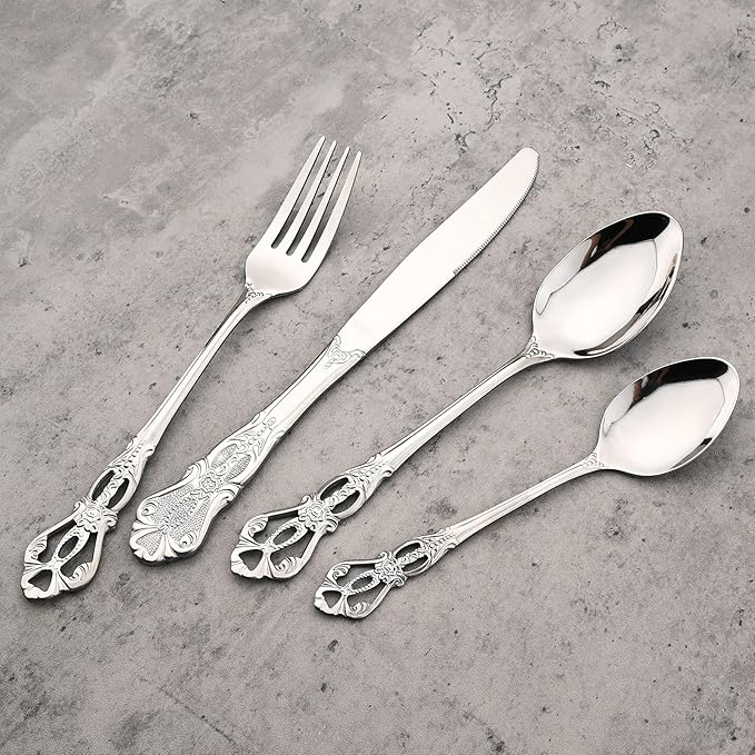 8-Piece Luxury Royal Silverware Set, 18/10 Stainless Steel Silver Flatware Set Service for 2, Tableware Cutlery Set Includes Forks Spoons Knives, Modern Design & Mirror Polished Dishwasher Safe