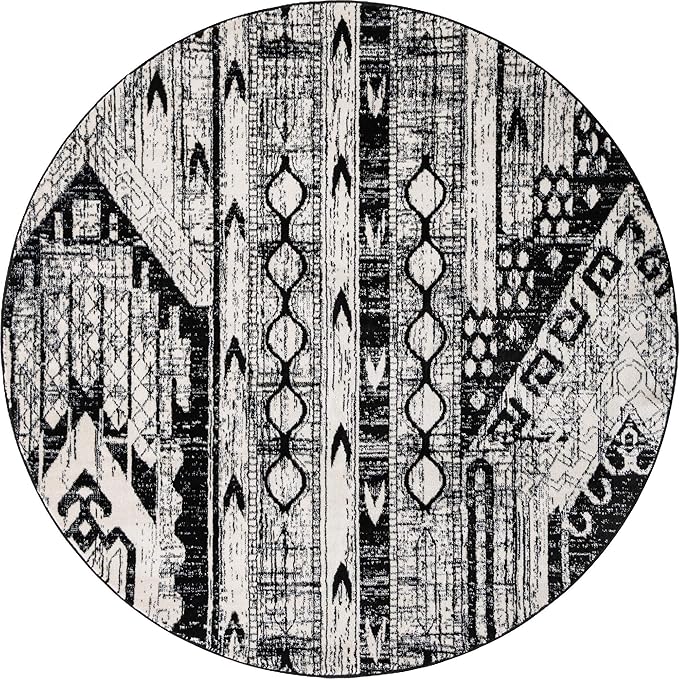 Rugs.com Oregon Collection Rug – 7 Ft Round Black and White Low-Pile Rug Perfect for Kitchens, Dining Rooms