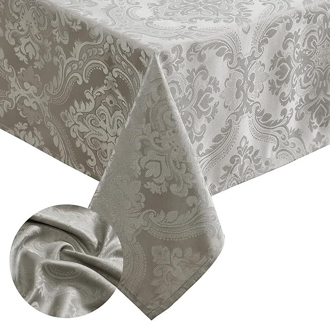 Elrene Home Fashions Caiden Elegance Damask Waterproof, Stain & Wrinkle Resistant Fabric Tablecloth, 60" x 102" Oblong/Rectangle, Silver