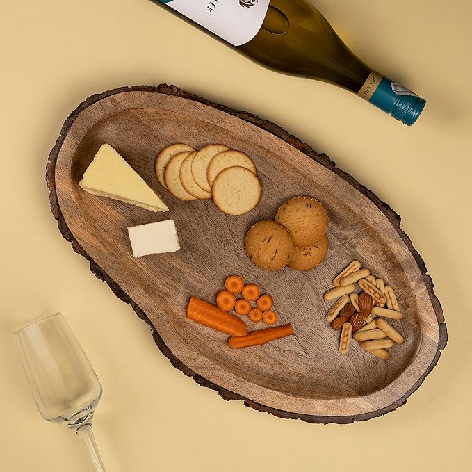GoCraft Oval Wooden Serving Platter with Tree Bark Edges – Mango Wood Charcuterie Board, 17" x 10", Rustic Platter for Serving Cheese, Appetizers, Snacks, Fruit, and More – Perfect for Entertaining