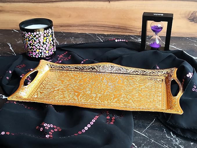 Metal Serving Tray with Raised Edges, Vintage Design Tray, Rectangular Metal Serving Tray, Decorative Serving Platter, Turkish Ottoman Coffee Tea Beverage Serving Square Tray (Gold)