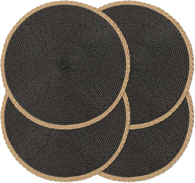 Noctiflorous Round Placemats Set of 4, 15 Inch Braided Hand Woven Table Mats, Heat Resistant Non-Slip Wipeable Thin Edge Place Mats for Kitchen Dining Indoor Outdoor Use(Black, 4)