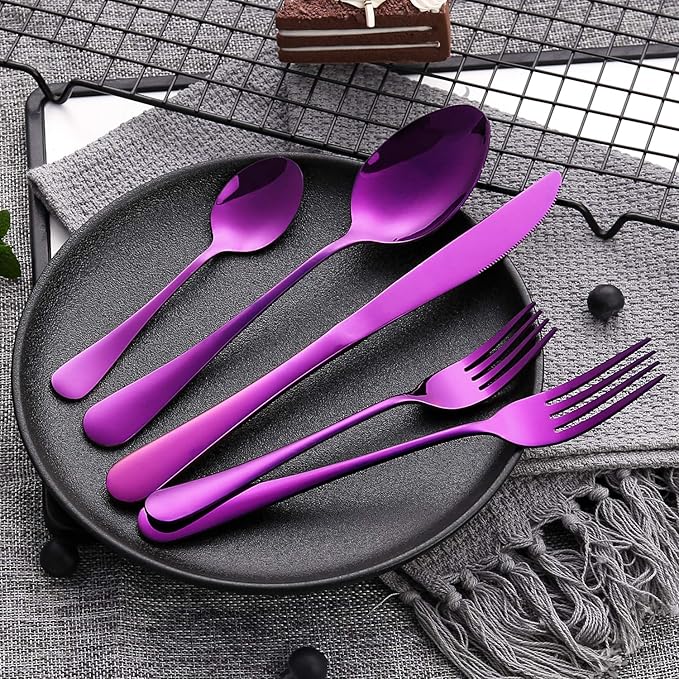 Silverware Set, 20-Piece Purple Flatware Cutlery Set Service for 4,Stainless Steel Kitchen Utensil Set Tableware Knife Spoon Fork Set for Home&Restaurant. Dishwasher Safe (Purple- 20 Pieces Set)