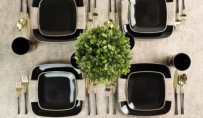 PLASTICPRO Square 32 Piece Combo Plates Set includes 16 x 7'' inch Salad Plates & 16 x 10'' inch Dinner Plates Black Plastic with Gold Rim Design Party Plates, Premium heavyweight Elegant,