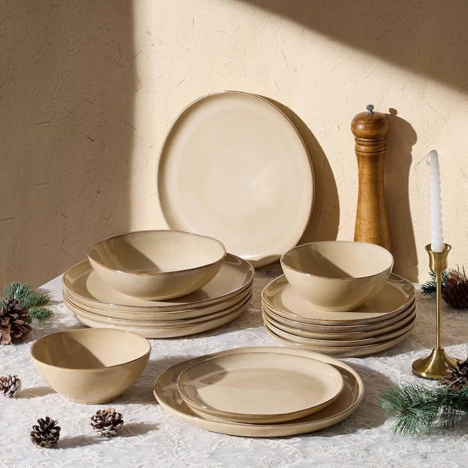 Herogo Dinnerware Sets for 6, 24pcs Stoneware Dinner Dish Set, Irregular Handmade Plates and Bowls Dishware, Crack and Scratch Resistant, Microwave & Dishwasher Safe, Cream Khaki