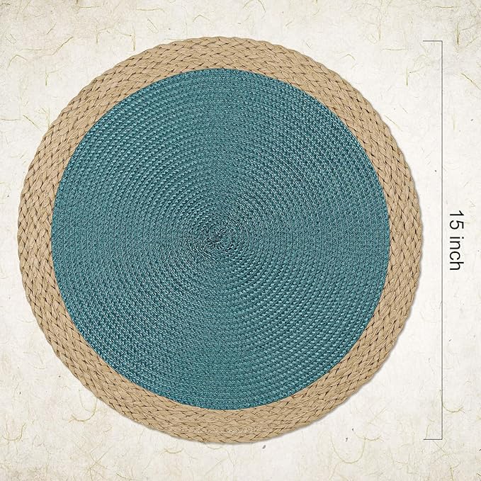Noctiflorous Round Placemats Set of 6, 15 Inch Braided Hand Woven Table Mats, Heat Resistant Non-Slip Wipeable Wide Edge Place Mats for Kitchen Dining Indoor Outdoor Use(Blue, 6)
