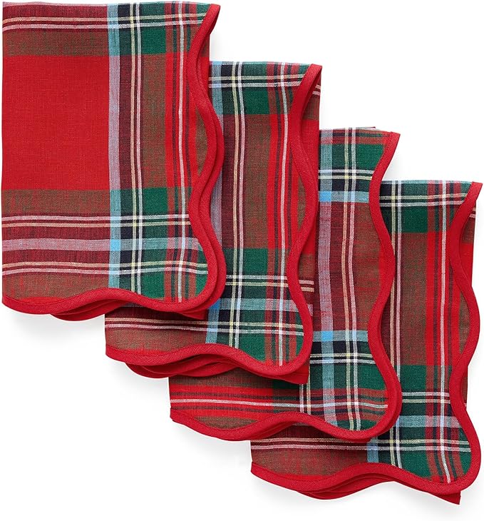 Solino Home Scallop Linen Napkins Set of 4-100% Pure Linen Red Madras Holiday Plaid Dinner Napkins Cloth 20 x 20 Inch for Christmas, New Year - Giselle Scallop Edge, Handcrafted and Machine Washable