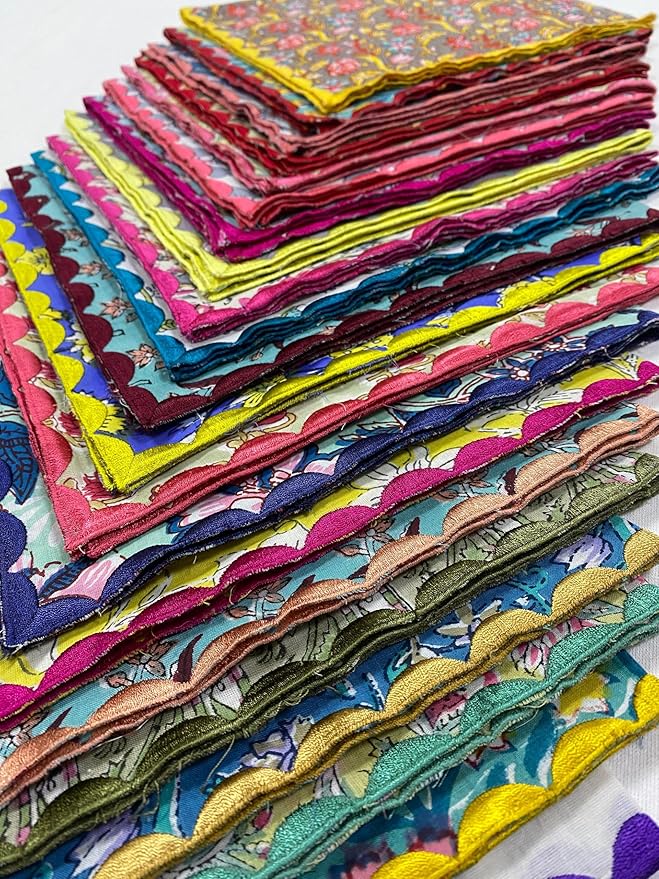 Ridhi Hand Block Print Assorted 18" x 18" (Set of 6) Embriodery Table Napkins Reusable Cotton Dinner Napkins for Weddings, Parties, Everyday Dining Gift for Spring, Easter, Valentine