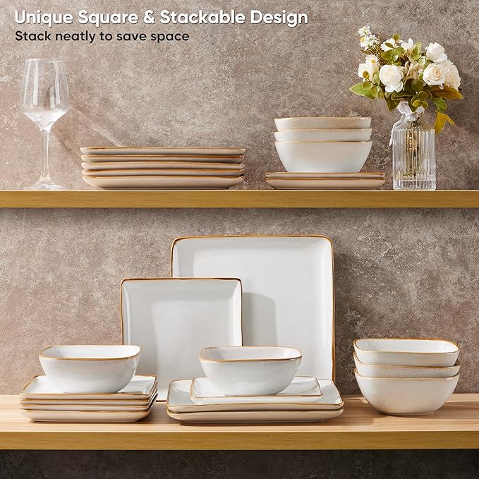 E-far Square Dinnerware Sets for 8, 24-Piece Stoneware Plates and Bowls Dishes Set, Reactive Glaze Porcelain Dishware Sets, Chip & Scratch Resistant, Microwave & Dishwasher Safe, Seashell White