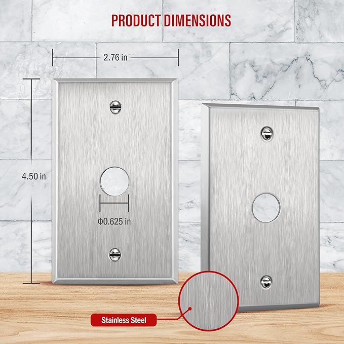 ENERLITES 0.625" Diameter Hole Phone Cable Metal Wall Plate, Corrosive Resistant, Size 1-Gang 4.50" x 2.76", 7761, 430 Stainless Steel, UL Listed, Silver
