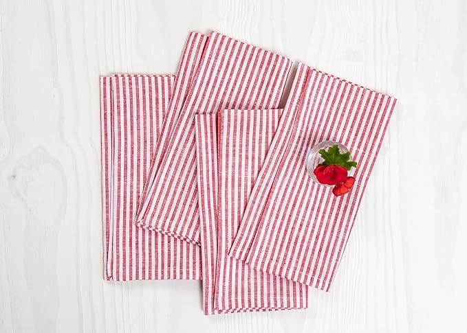 Solino Home Linen Napkins Set of 4-100% Pure Linen Narrow Stripe Red and White Cloth Dinner Napkins 20 x 20 Inch - Handcrafted and Machine Washable - Christmas, Holiday, Winter, New Year